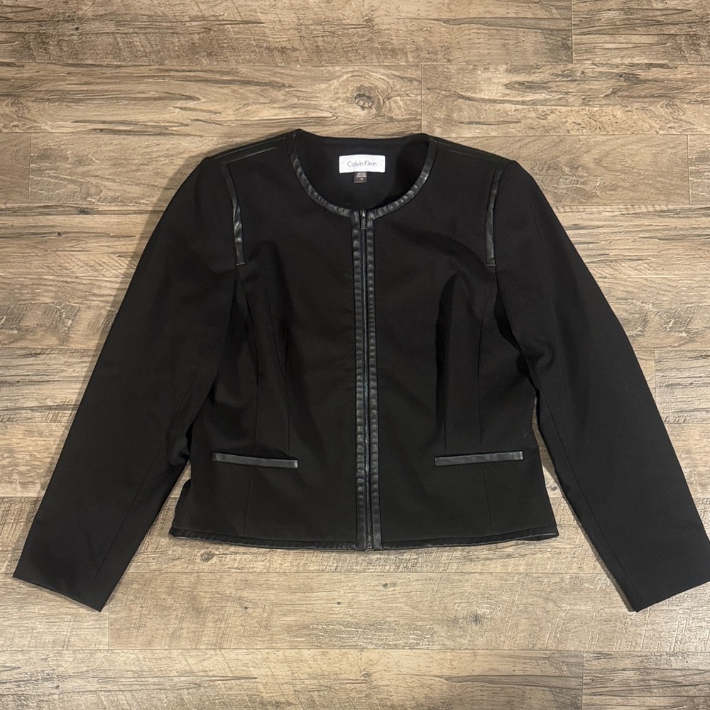 Calvin Klein Women's Black Blazer with Leather Trim - Size 14